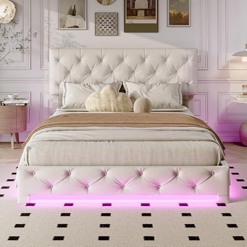 Hoscullo Boxspringbett 140 × 200 cm mit Lattenrost, Nietenbett, Polsterbett mit Stauraum, Jugendbett mit LED, Doppelbett mit Bettkasten, Funktionsbett mit Verstellbarem Kopfteil, Beige, Leinen