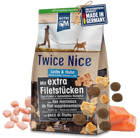NutriQM® Twice Nice Adult Lachs & Huhn 4 kg | Trockenfutter für Hunde ohne Getreide | Mit Superfoods, Filetwürfeln & Omega-Fettsäuren | Leicht verdauliches Hundefutter trocken | Made in Germany