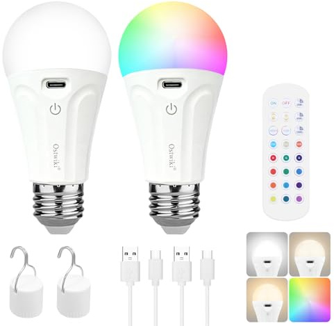 Ostwiki 2 Pack A19 E26 Wireless Rechargeable Light Bulbs with Remote | Dimmable Battery Operated LED Bulbs for Lamps/Sconces, Emergency Bulb for Power outage Camping Hurricane,15 Colors + 3 Timer