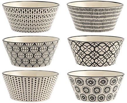 H+H Vhera 6er-Set Schalen – 600 ml – Elfenbein & Schwarz – Steinzeug – Verschiedene Muster – Vielseitig einsetzbar