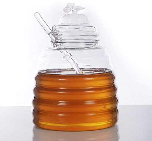 ORNAMI Handmade Glass Honey Pot with Dipper and Lid, 450 ml