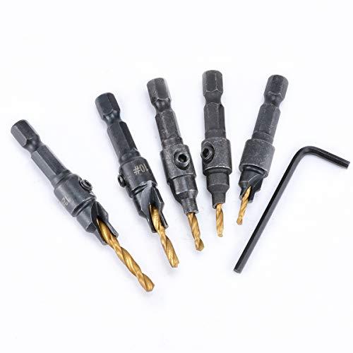 KATUR Kegelsenker-Bohrer, titanbeschichtet, HSS Power Handbohrer-Bit-Set, Schraublochgröße, Spiralbohrer-Bit-Set mit 1/4-Zoll-Sechskantschaft, Holzbearbeitungs-Kit (#5/#6/#8/#10/#12)