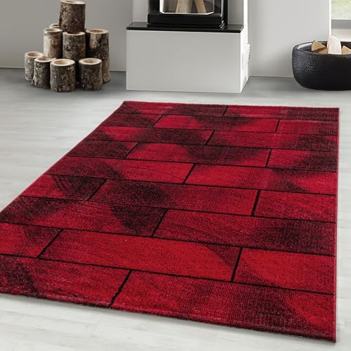 Carpetsale24 Designer Teppich Modern Stein Mauer Optik – Rot und Schwarz – Wohnzimmerteppich für modernen Stil und Komfort, Größe 80x150 cm – Pflegeleicht, Weicher Flor, Ideal für Wohnzimmer