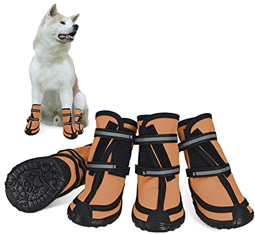 Dociote Hundeschuhe pfotenschutz 4 Stück mit Anti-Rutsch Sohle, reflektierendem Riemen, Klettverschluss wasserdicht Schneeschuhe für mittelgroße große Hunde Orange XS