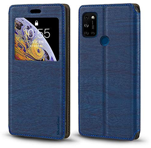 Coque à Rabat en Cuir PU avec Fenêtre Visible et Aimant Invisible Compatible avec Wiko View 5, Étui Intelligent à Affichage Clair (Bleu)