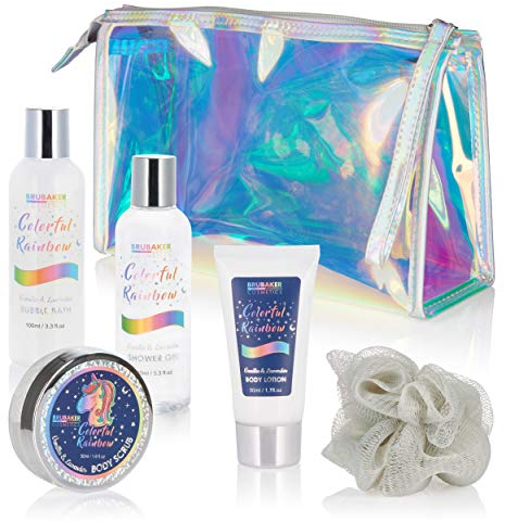 BRUBAKER Cosmetics 6-tlg. Einhorn Bade- und Dusch Set Colorful Rainbow - Geschenkset mit Vanille Lavendel Duft in Kosmetiktasche