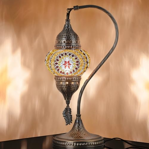 DEMMEX Authentic Turkish Moroccan Mosaic Lamp - Handcrafted in Turkey - Table/Bedside Lamp with Mosaic Glass Globe & Hammered Metal Body, Bulb Included, 15, Unique Gift (Amber)