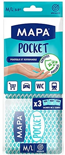 MAPA - Gants Pocket x 18 - Gants Fins en Vinyle non-poudrés et sans Latex - Recyclables avec TerraCycle - Certifiés Antivirus - 3 sachets de 6 gants - Taille M/L