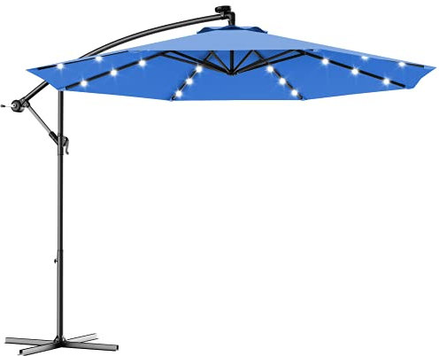 COSTWAY Parasol Déporté Excentré Ø 3M, avec 24 LED Lampe Solaire Fait, en Polyester Imperméable et 8 Baleines en Fer, pour Jardin, Cour Intérieur, aux Bords de la Piscine (Bleu)