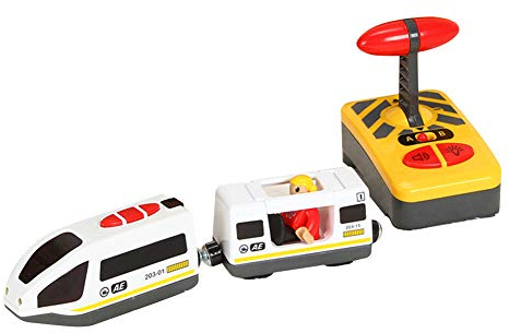Elektrische Lok Zug mit Fernbedienung,Eisenbahn Batteriebetriebene Lokomotive,Elektrische Bahn für Holzschienen Knopf RC Fahrzeug Holzeisenbahn Zug Elektrische Lokomotive Spielzeug Geschenk für Kinder