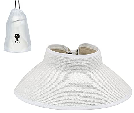 Andiker Straw Hat Sun Visor Hat with Wide Brim for Women Ladies Foldable Cap Ponytail Beach Hats with A Storage Bag for Summer Black White Beige (White)