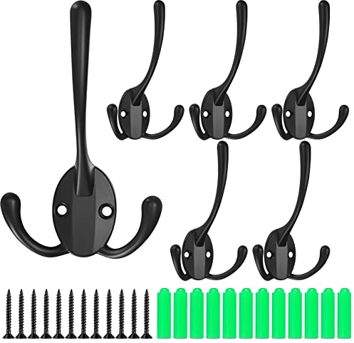 XKQYX 6 Stück Wand Kleiderhaken, Drei Haken Garderobenhaken, Wandbehang Metall Kleiderhaken mit Schrauben für Mantel, Schal, Tasche, Handtuch, Schlüssel, Mütze, Hut - schwarz