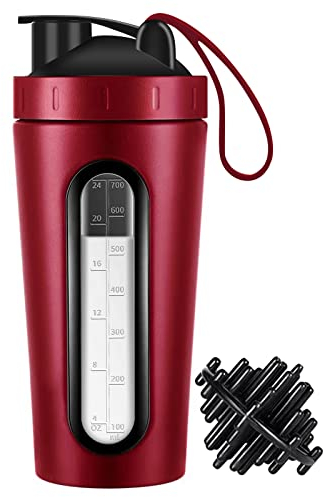 Jeedoo Bouteille shaker protéinée, 820 ml pour mélanges de protéines et pré-entraînement, fenêtre visible, bouteille shaker en acier inoxydable anti-fuite (rouge)