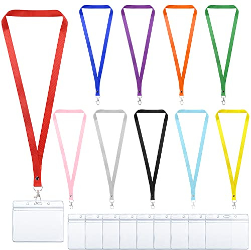 10 Pcs Lanyard with Card Holder, Badge Card Holder with Neck Lanyard | 10 Colours, Waterproof, Clear, Badge Holder for Staff Students Business Cards ID Badges Key Offices School - Vertical Style