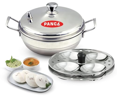 PANCA Stainless Steel Multi Purpose Kadai with Steel Lid, Idli Maker 2 Idli Plate 8 Cavity Idli Cooker Stainless Steel Idly Pot with Steamer, Silver