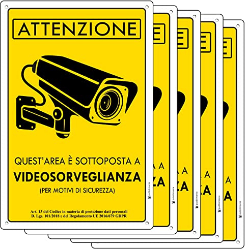 Pubblimania AREA VIDEOSORVEGLIATA Cartello in alluminio metallo 3 mm di spessore. Telecamera CCTV (N° 5 - Cm 15x20)