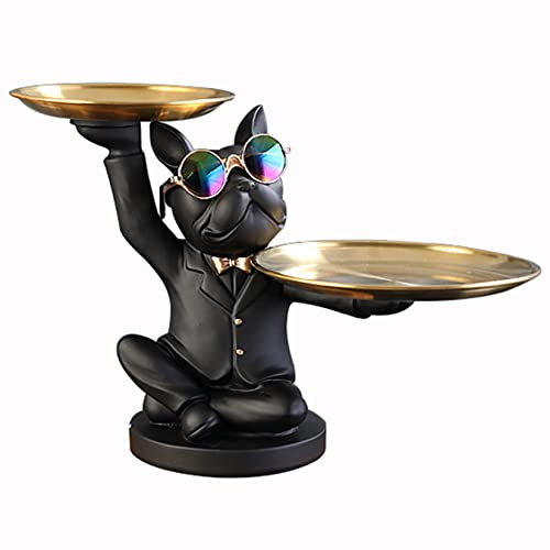 NUACOS Coole Bulldogge Statue Bulldog Butler Figur mit 2 Metallschalen, Harzskulptur für Heimdekoration, Wohnzimmer, Schlafzimmer, Büro, Kunstwerk, Desktop-Dekoration, (schwarz)