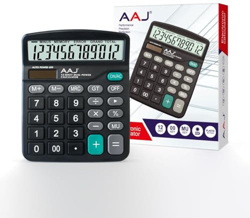 AAJ Electronic Calculator | Desktop Calculator | 12-Digit Solar Battery Dual-Power, LCD Display and Large Buttons | Office and School work (Battery Included) - Black