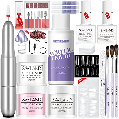 Saviland Acrylic Nail Kit - 3 Colors Acrylic Powder and Liquid Set with Acrylic Nail Brushes/Nail Drill/Top Gel/Non-Acid PH Bond/Nail Glue/Dappen Dish/Coffin Nails Tips Gel X Nail Kit for Salon DIY