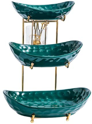 3 Tier Fruit Bowl - Countertop Ceramics Fruit Basket - Fruit Bowls Vintage Style with Metal Bracket And Fruit Fork for Sushi, Dessert, Fruit, Vegetables, Appetizer, Cake, Candy, Chip Dip,Green
