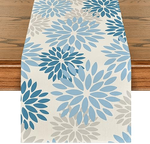 Artoid Mode Blumen Lichtblau Dahlien Winter Tischläufer, Saisonnal Küche Tisch Dekoration Drinnen Urlaub Party Dekor 40x140 cm