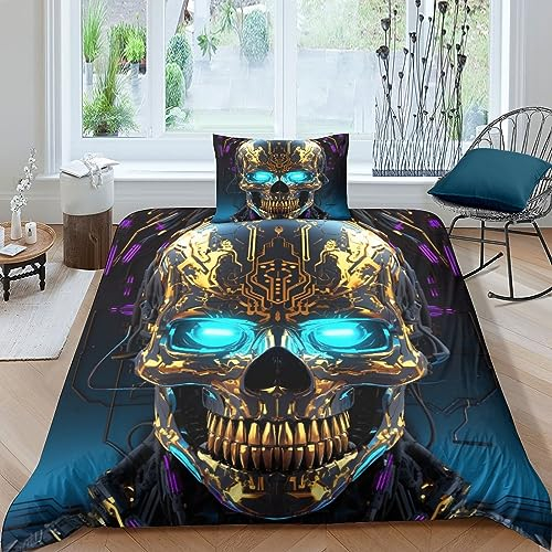 AYSUM Goldene Schädel mit blauen Augen Bettwäsche 135x200cm, Luxuriös Totenkopf bettwäsche Set Single, Microfaser bettwäsche 135 200 Totenkopf