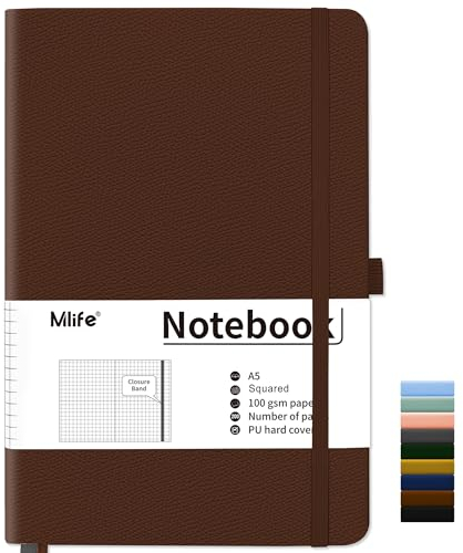 Mlife Notizbuch A5 Kariert,200 Seiten Notizbücher Hardcover,Premium 100gsm Tintenfestes Papie Dickes,PU Hard Cover Notebook,Innentasche,Elastisch Gebändert,Bullet journal&Notizblock,Tagebuch(Braun)