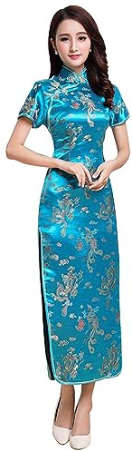 Frauen Cheongsam Langes Kleid Abend Kurzarm Slim Fit Maxi Kleid Floral Faux Seide Stehkragen Bodycon Qipao, Blauer Drache, 3X-Groß