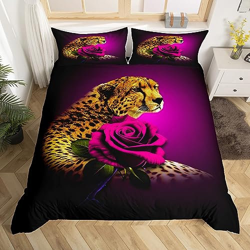 Parure de Lit Guépard Housse de Couette 200x200 Léopard Ensemble de Literie Romantique À La Rose Pêche Fuchsia pour Garçons Enfants Enfants Filles,Couvre Lit Fleurs de Jardin Animal Sauvage Africain