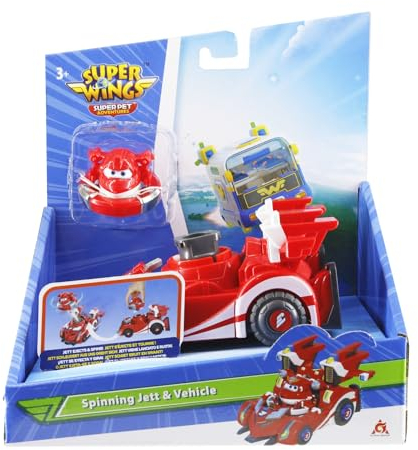 Super Wings EU770310 - Spinning Jett & Vehicle, ca. 14 cm großes Super-Fahrzeug mit 2 Modi, inkl. Mini-Jett als Kreisel zum abschießen, für Kinder ab 3 Jahren