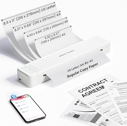 PokeLabel Imprimante Portable A4, Imprimante Thermique Papier Ordinaire, 300 DPI Imprimante Bluetooth Compacte Compatible avec iPhone Android, Imprimante sans Encre pour Papier A4/Letter/B5/A5, Blanc