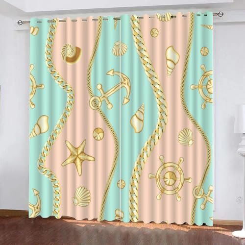 GIOVIA 3D Maritime Gardinen Abdunkelnde Seestern Anker Kindervorhänge Vorhang mit ösen 2er Set Vorhänge Blickdicht Verdunkelungs für Kinderzimmer Schlafzimmer Wohnzimmer B 140 X H 160 cm