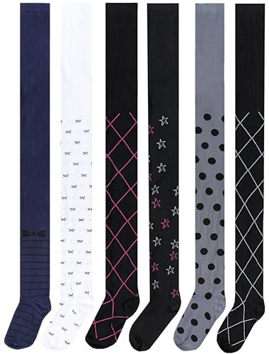 TupTam Strumpfhose Mädchen Bunt Gemustert 6er Pack – Warme Strickstrumpfhosen für Herbst und Winter, Farbe: 6er Pack Schwarz Rautenmuster Sterne Dunkelblau Grau Tupfen Schleifchen Weiß, Größe: 128-134