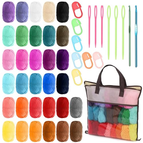 Swpeet 51Pcs Häkelgarn Kit, einschließlich 32Pcs Multicolor Acrylgarn Skiins, 10Pcs Stich Marker, 6Pcs Kunststoff Stricknadel, 2Pcs Häkelhaken und 1Pc Tasche für Häkeln und Stricken