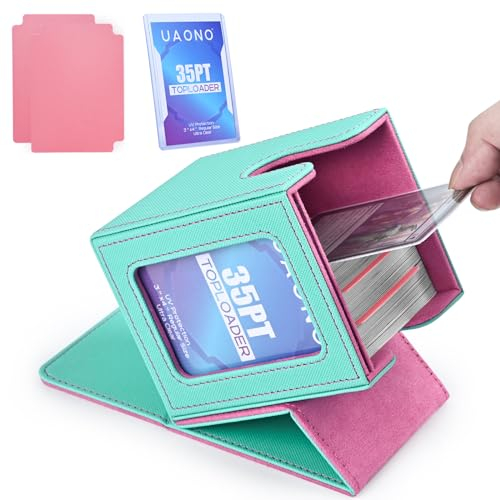 UAONO Magic Deck Box mit MTG Commander-Display, Patentiertes Deck Boxen für 100+ Karten, Sammelkarten-Aufbewahrungsboxen, Spielkarten Deck Case, mit 2 Trennwänden, 1 Toploader (Türkis und Rosa)
