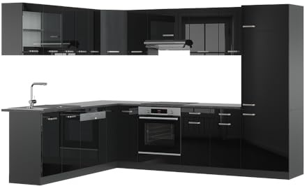 Vicco Eckküche R-Line, Schwarz Hochglanz/Anthrazit, 287 x 227 cm | 12 Module · Höhenverstellbare Füße · Arbeitsplatte Anthrazit · Robuste Fronten · Mit Kühlschrankumbauschrank