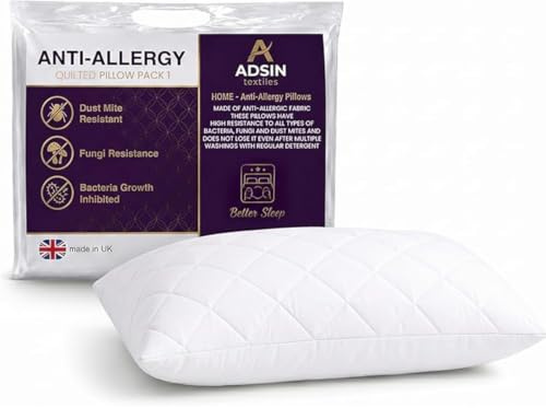 adsin Hotel Quality Quilted Pillows Pack of 1 Anti Allergy Bounce Back Bed Pillows with Soft Touch Quilted Cover – Breathable Hollowfibre Filling for Side, Back & Stomach Sleepers