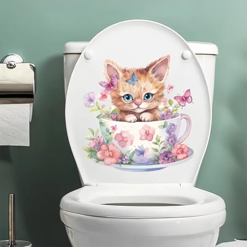TOLOVIS Creative Cup Cat Toilet Cover Sticker Decals,Flower leaf bird Waterproof Toilet Lid Tank Seat Decals Cistern Self-Adhesive Bathroom Wall Sticker