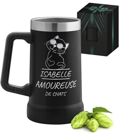 Maverton Mug Isotherme Personnalisable Noir 700 ml - Verre a Biere en Acier Inoxydable avec Anse - Idee Cadeau Femme, Cadeau Personnalisé pour elle avec prénom et texte gravé Amoureuse de chats