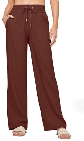 WILLIT Jogginghose Damen Baumwolle Leinenhosen Weites Bein Freizeithose Lässige Palazzo Hosen Leinen Lounge Strandhosen mit Taschen 31 Rotbraun S