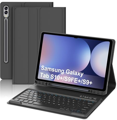 WAVATA Funda con Teclado para Samsung Galaxy Tab S10 Plus 12.4-Inch, Teclado Español Ñ para Samsung Galaxy S10+, Teclado Bluetooth Desmontable para Tab S10+/S9FE+/S9+, Negro