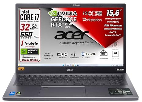 acer Notebook Intel Core i7-1355U 13th, 10 Core 5Ghz, RAM 32Gb, SSD Pcie Nvme 1Tb (2 X 512Gb), 15.6 FHD IPS, Svga GeForce RTX 2050, Tastiera retroilluminata, Fingerprint, Win 11Pro, preconfigurato