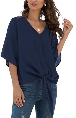 YGJIEGENG Summer Plus Size Chiffon Blouses for Women Elegant Casual Ladies Blouses Tops 3/4 Ruffled Sleeve Tops V Neck Business T Shirts Navy Blue 2XL