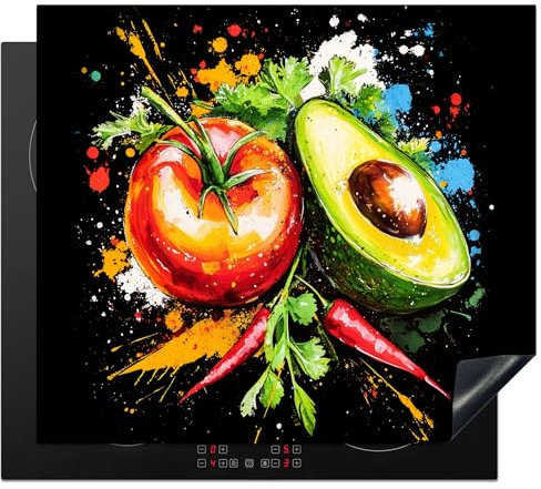KitchenYeah© Protège Plaque Induction 58x51 cm Deco Cuisine Accessoire Pratique Protection De Vitroceramique Kitchen Gadget Tomate - Avocat - Poivron - Graffiti - Peinture - Modern
