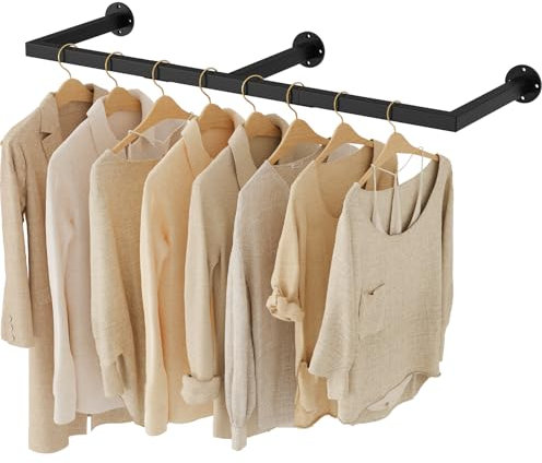 Yawinhe Industrieller Rohr Kleiderständer, 110cm Kleiderstangen Wandmontage, Abnehmbare Platzsparend Wand Kleiderstange, für Schlafzimmer, Schwarz, mit 3 Basen, 1-Pack, SYJ110B-1
