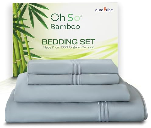 DURA TRIBE Oh So Bamboo Bedding Set 4 Piece Double - Silvery Grey - Hypoallergenic Duvet Cover, Fitted Sheet & 2 Pillowcases Made from 100% Organic Bamboo Viscose Cooling Silky-Soft & Smooth Material