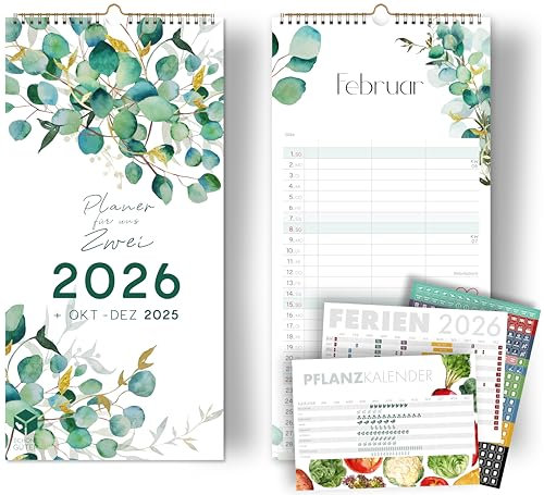 Paarkalender 2026 EUKALYPTUS 3 Spalten Planer für Zwei 2026 Wandkalender Paare 16x32,5cm Partnerkalender 2026 plus STICKER Recycling Urlaub, plus Okt-Dez 2025, plus Gemüsekalender Blumen Floral
