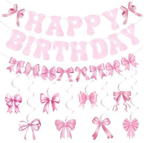 Kiyanest Pink Glitter Geburtstag Dekoration – Set mit Happy Birthday Banner, 8 Schleifen & 8 Spiralgirlanden – Elegante Party-Deko für Mädchen & Frauen