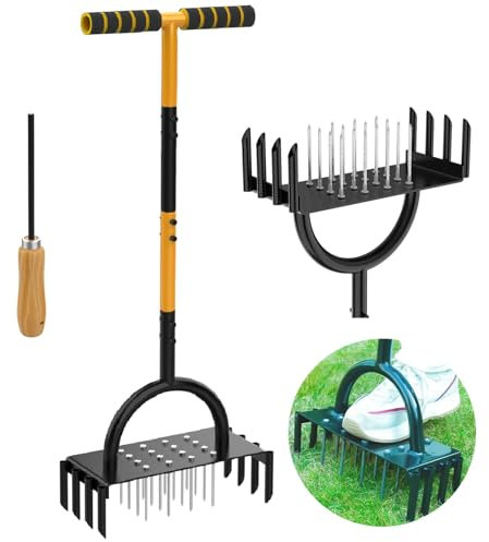 TWZ Rasenlüfter 2-in-1, Aerifizierer für Rasen mit 16 Spike& 8 Kerne 97cm Handvertikutierer Metall mit T-Griff, Vertikutierer Heavy Duty Rasenspecht Rasen Belüften für Verdichtete Böden Rasenpflege