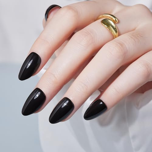 Press On Nails Almond - Findigit Short Black Press On Nails with Nail Glue, Natural Reusable Stick On False Nails in 16 Sizes - 30 Soft Gel Glue On Nails Kit, Spade A
